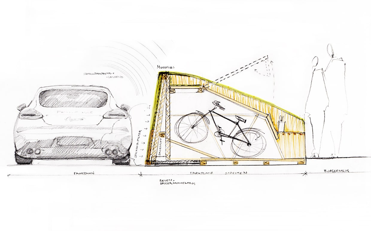 Der URBAN ALCOVE ist auch Teil innovativer Projekte zur Mobilitätswende. Zukünftig vorgesehen ist die Nutzung des URBAN ALCOVE als Fahrraddepot und/oder Ladesäule für Elektrofahrzeuge.